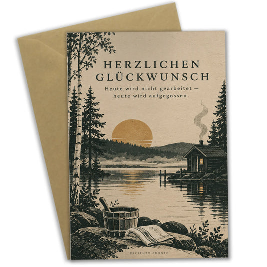 Lustige Geburtstagskarte für Wellnessfans mit Saunahütte am See|p:2013520|h:41ead93f0bc416517a51a992c561761f