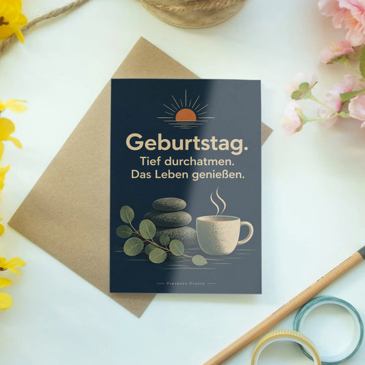 Entspannende Geburtstagskarte für Wellnessfans mit Tasse und Eukalyptus|p:2013521|h:a06b2eedef615b1c49f8acc937a9841e