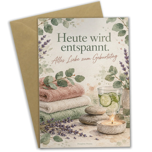 Entspannte Geburtstagskarte für Wellnessfans mit Kerze und Eukalyptus|p:2013526|h:6173994e4a45f3aff0838da44546ba5b