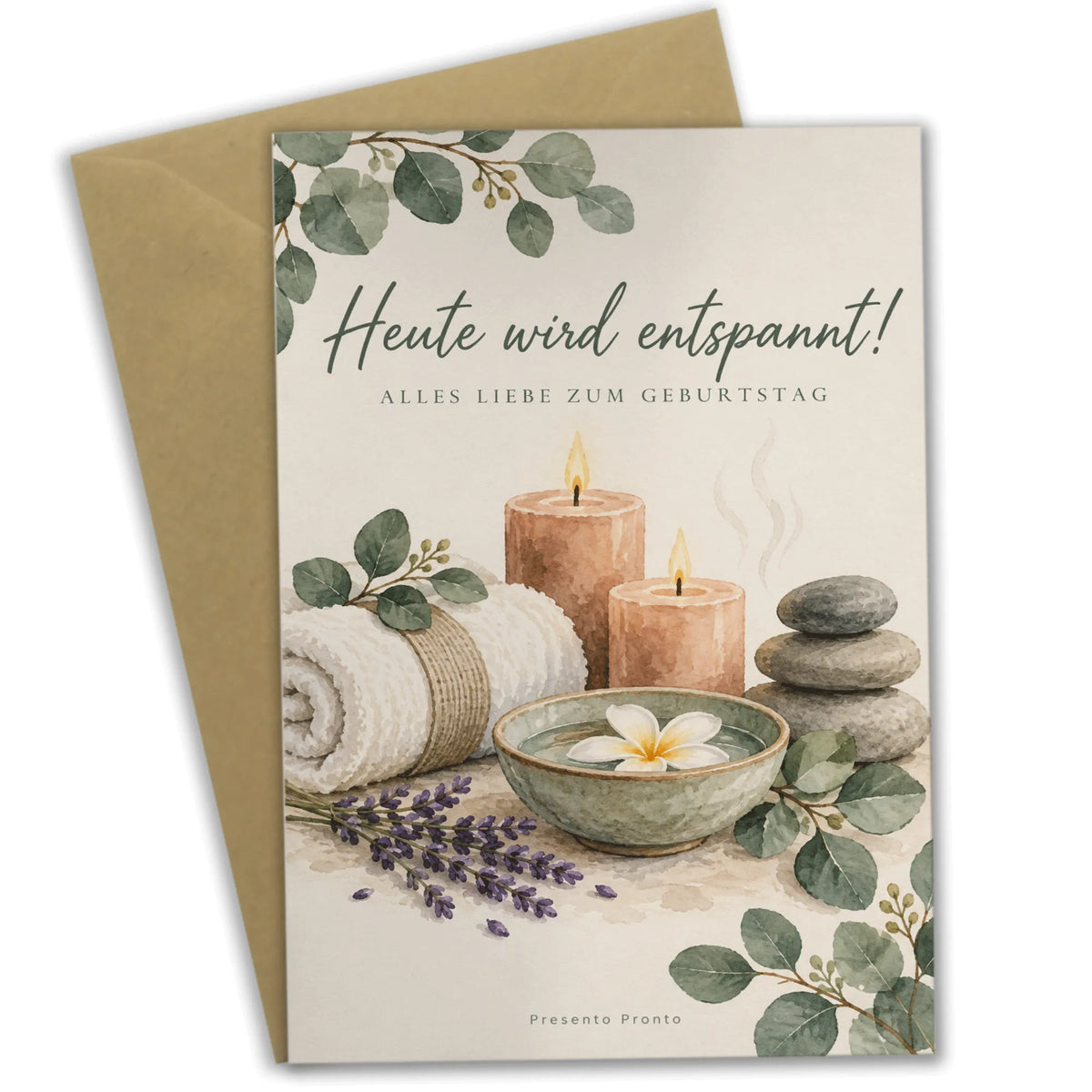 Entspannte Geburtstagskarte für Wellnessfans mit Kerzen und Eukalyptus|p:2013535|h:9e1d287d2ab20db4dcc33da81c11e1c3