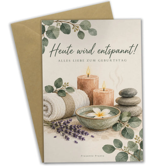 Entspannte Geburtstagskarte für Wellnessfans mit Kerzen und Eukalyptus|p:2013535|h:9e1d287d2ab20db4dcc33da81c11e1c3