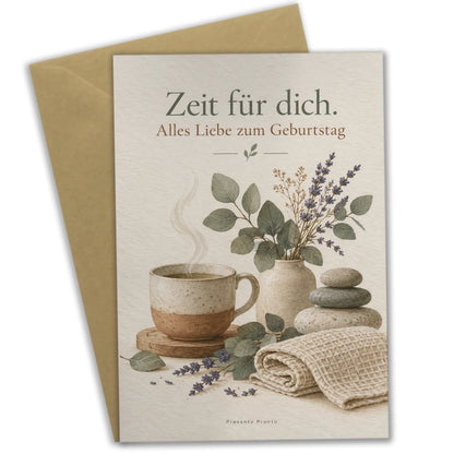 Ruhige Geburtstagskarte für Wellness mit Teetasse und Eukalyptus|p:2013540|h:a7008257f3a131ffdd2f3919cba81c5d