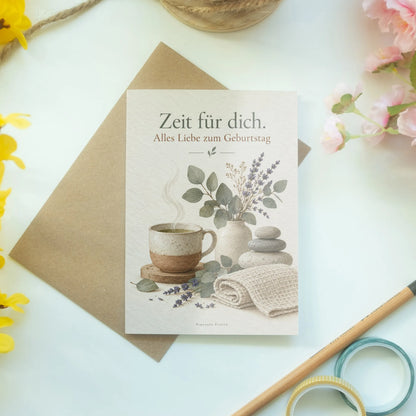 Ruhige Geburtstagskarte für Wellness mit Teetasse und Eukalyptus|p:2013540|h:2f8735ffcddb0069c6049f8945be21b8