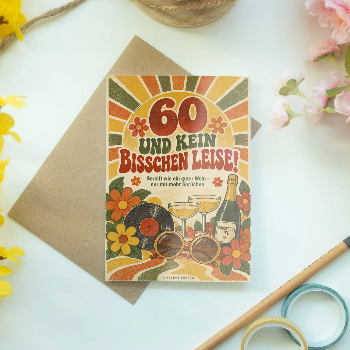 Lustige Geburtstagskarte für eine Frau zum 60 mit Retro Sonnenbogen|p:2013568|h:489c4382337207628b38fa3e067e5434