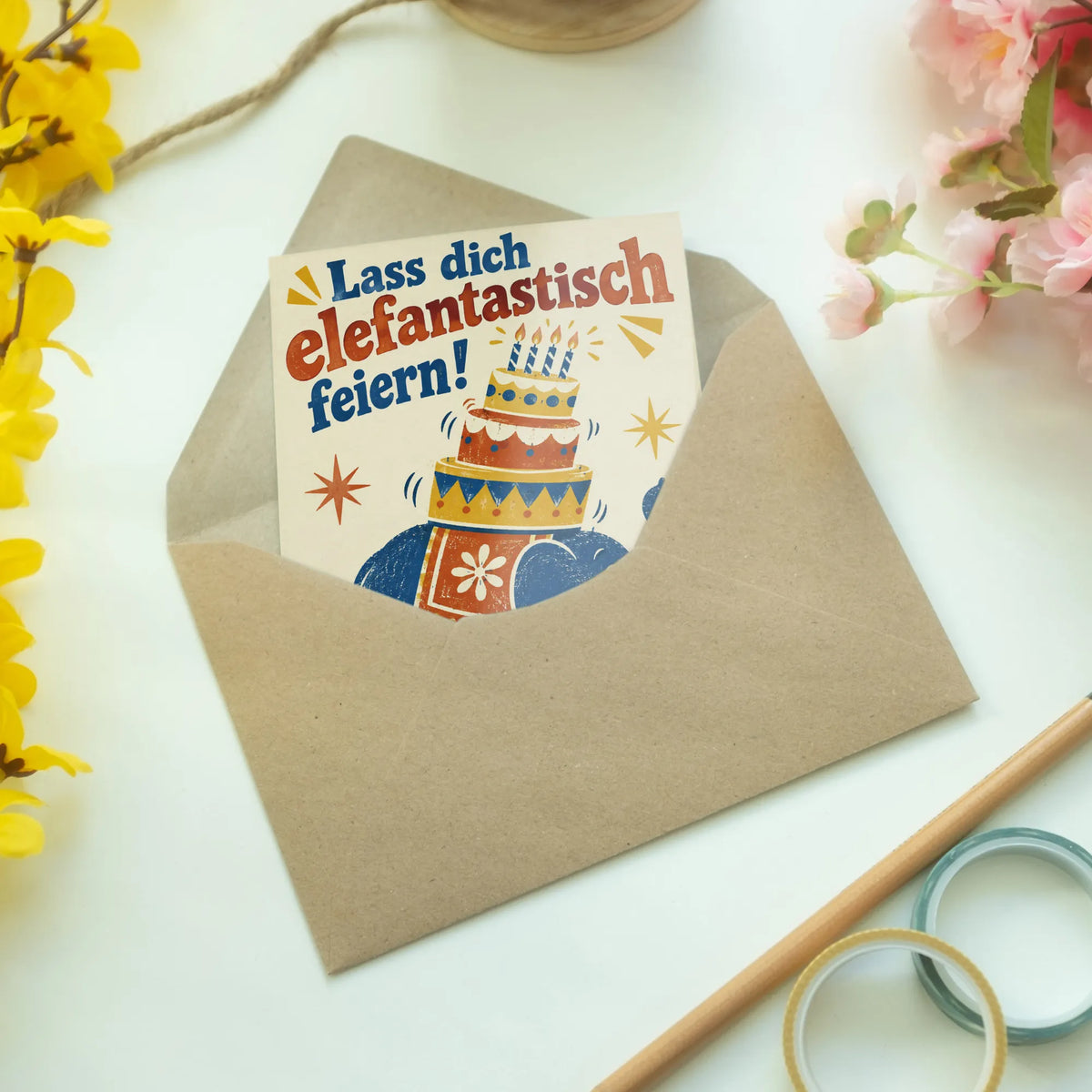 Lustige Geburtstagskarte mit Elefant und Torte|p:2013571|h:c0228657885596653be45bee36fda433