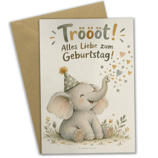 Lustige Geburtstagskarte mit Baby-Elefant im Partyhut|p:2013572|h:1dc70938bc650a4b17b996315031040a