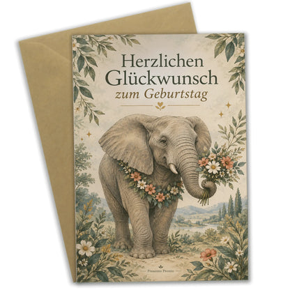 Elegante Geburtstagskarte mit Elefant im Blumenkranz|p:2013573|h:051fc4ab8f5298437609bee6f93b114f