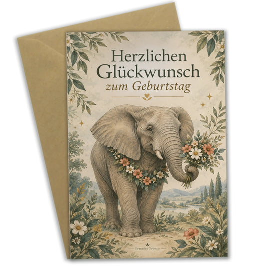 Elegante Geburtstagskarte mit Elefant im Blumenkranz|p:2013573|h:051fc4ab8f5298437609bee6f93b114f