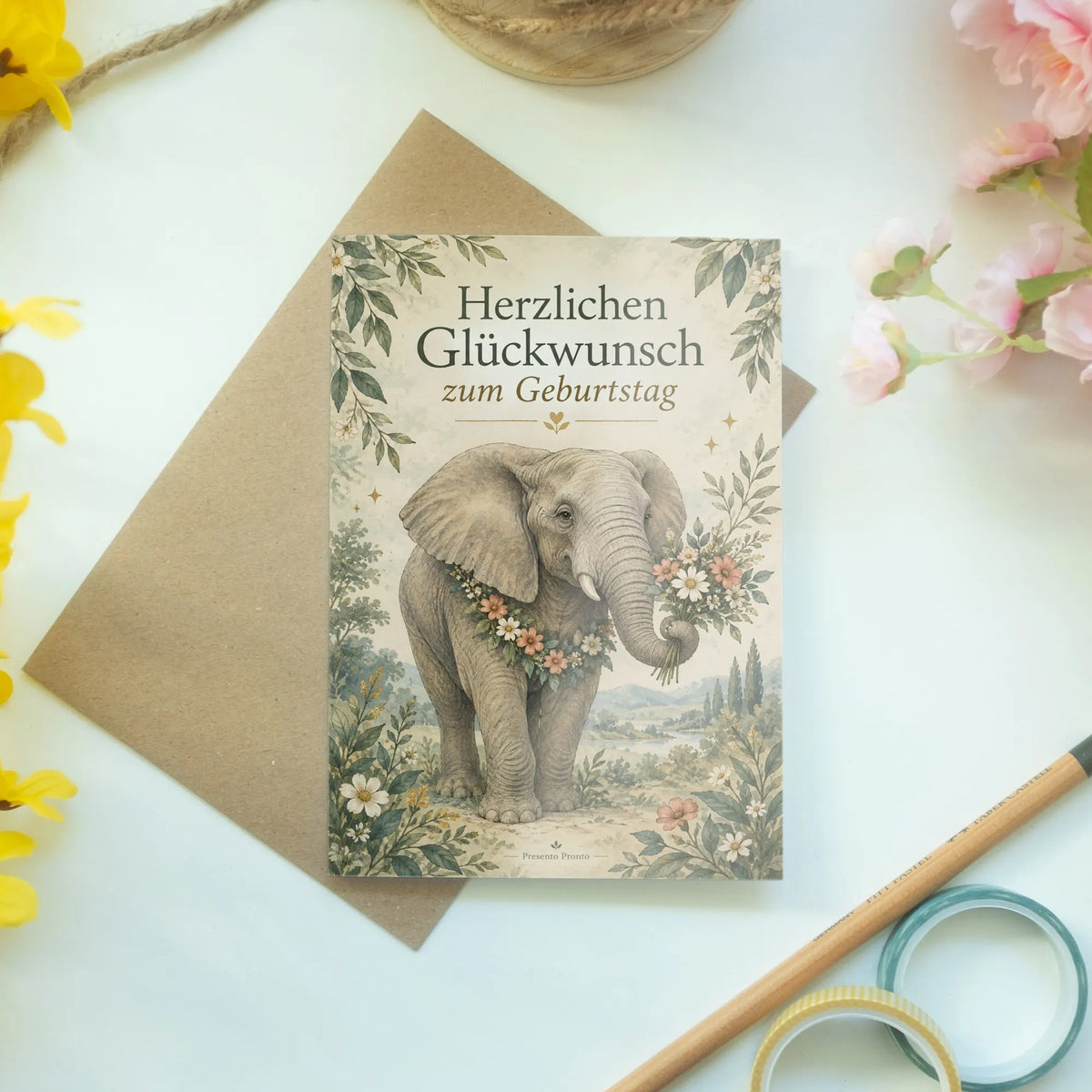 Elegante Geburtstagskarte mit Elefant im Blumenkranz|p:2013573|h:7fffcc052ff7a3c5fe53f864761cbef4
