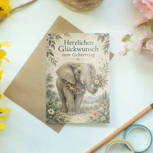 Elegante Geburtstagskarte mit Elefant im Blumenkranz|p:2013573|h:7fffcc052ff7a3c5fe53f864761cbef4