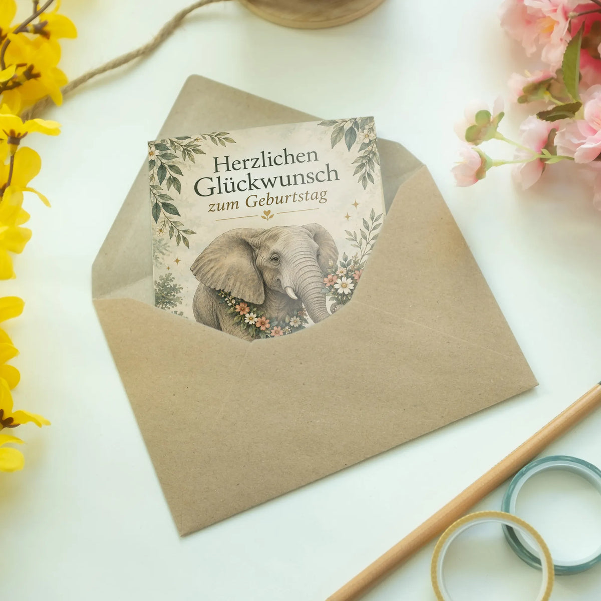 Elegante Geburtstagskarte mit Elefant im Blumenkranz|p:2013573|h:f4d9b84eab29e8491b82c3b4f9d7e876