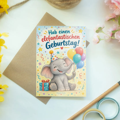 Lustige Geburtstagskarte mit Elefant und Partyhut|p:2013574|h:cc90bdab4e55e909dc9ce407a524ef22