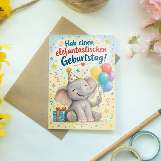 Lustige Geburtstagskarte mit Elefant und Partyhut|p:2013574|h:cc90bdab4e55e909dc9ce407a524ef22