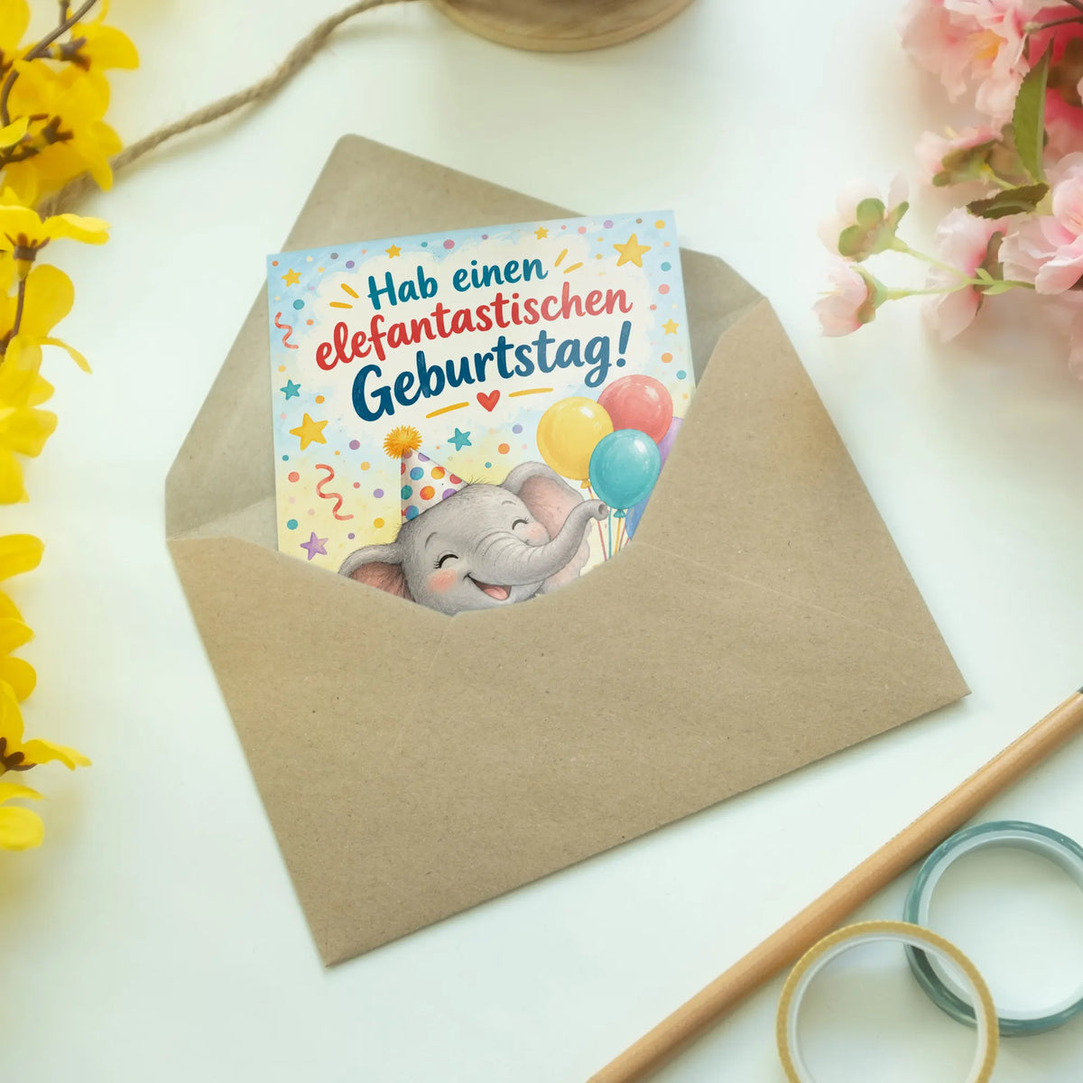 Lustige Geburtstagskarte mit Elefant und Partyhut|p:2013574|h:3e37593ae24dce2c8a64b8f73aed71fd