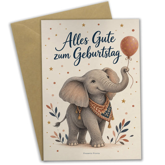 Elegante Geburtstagskarte mit Elefant und Luftballon|p:2013576|h:b11639063ab4b2e1eb20c24ebcbcf162