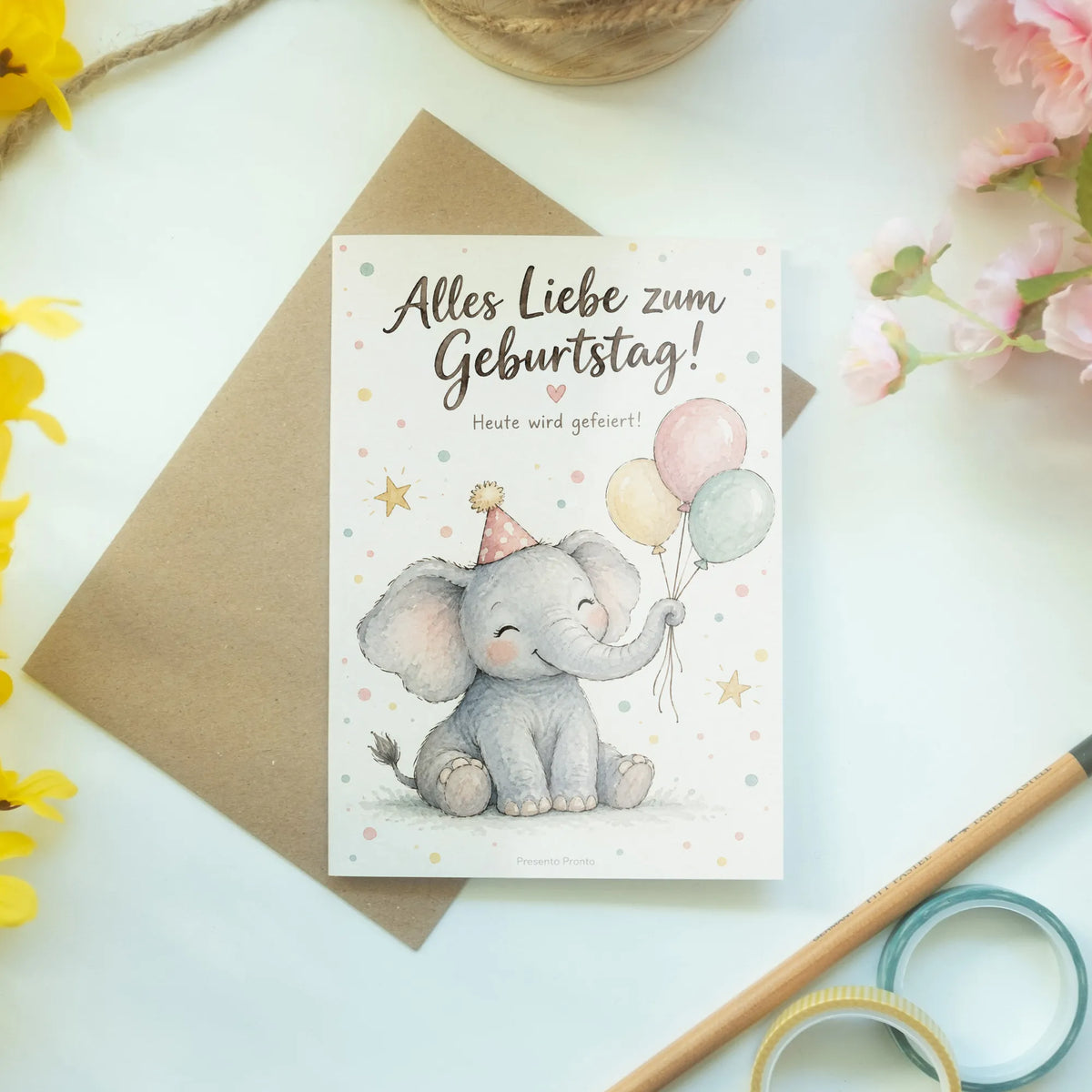 Süße Geburtstagskarte mit Elefant und Partyhut|p:2013578|h:8576fad3741209508e0b3a047d36bb5f