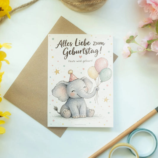 Süße Geburtstagskarte mit Elefant und Partyhut|p:2013578|h:8576fad3741209508e0b3a047d36bb5f