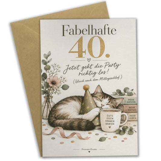 Lustige Geburtstagskarte für Frau zum 40. mit schlafender Katze|p:2013586|h:173bde276e344b47fe62e6304c021a36