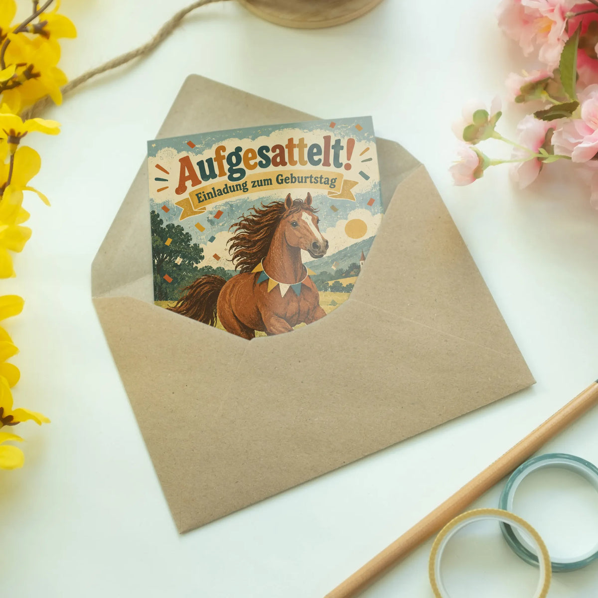Fröhliche Einladungskarten zum Kindergeburtstag mit Pferd|p:2013596|h:64f542f7598e76a725ad92aef4197037