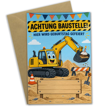 Lustige Einladungskarten mit gelbem Bagger zum Kindergeburtstag|p:2013638|h:7eaebbfd157add8458f81b7e6978ca57