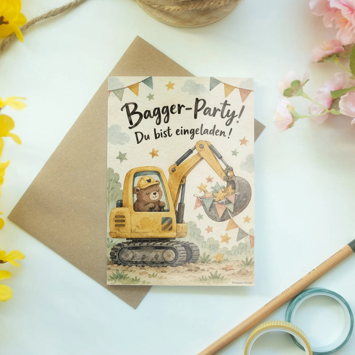 Lustige Einladungskarten zum Kindergeburtstag mit gelbem Bagger|p:2013657|h:786a634620381527bc68e5eecdbd3638