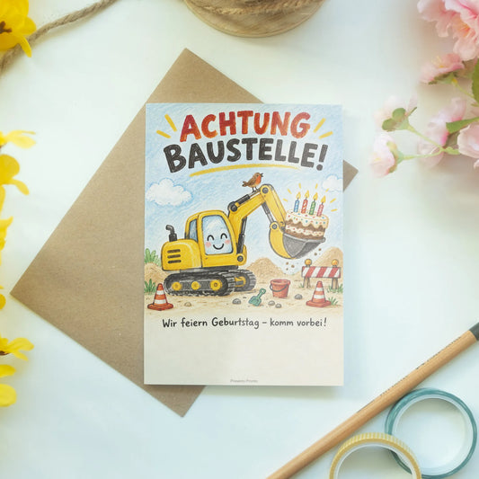 Lustige Einladungskarten mit gelbem Bagger zum Kindergeburtstag|p:2013660|h:8cafe9d3ff9e9c809d3f7c51b6c616ca
