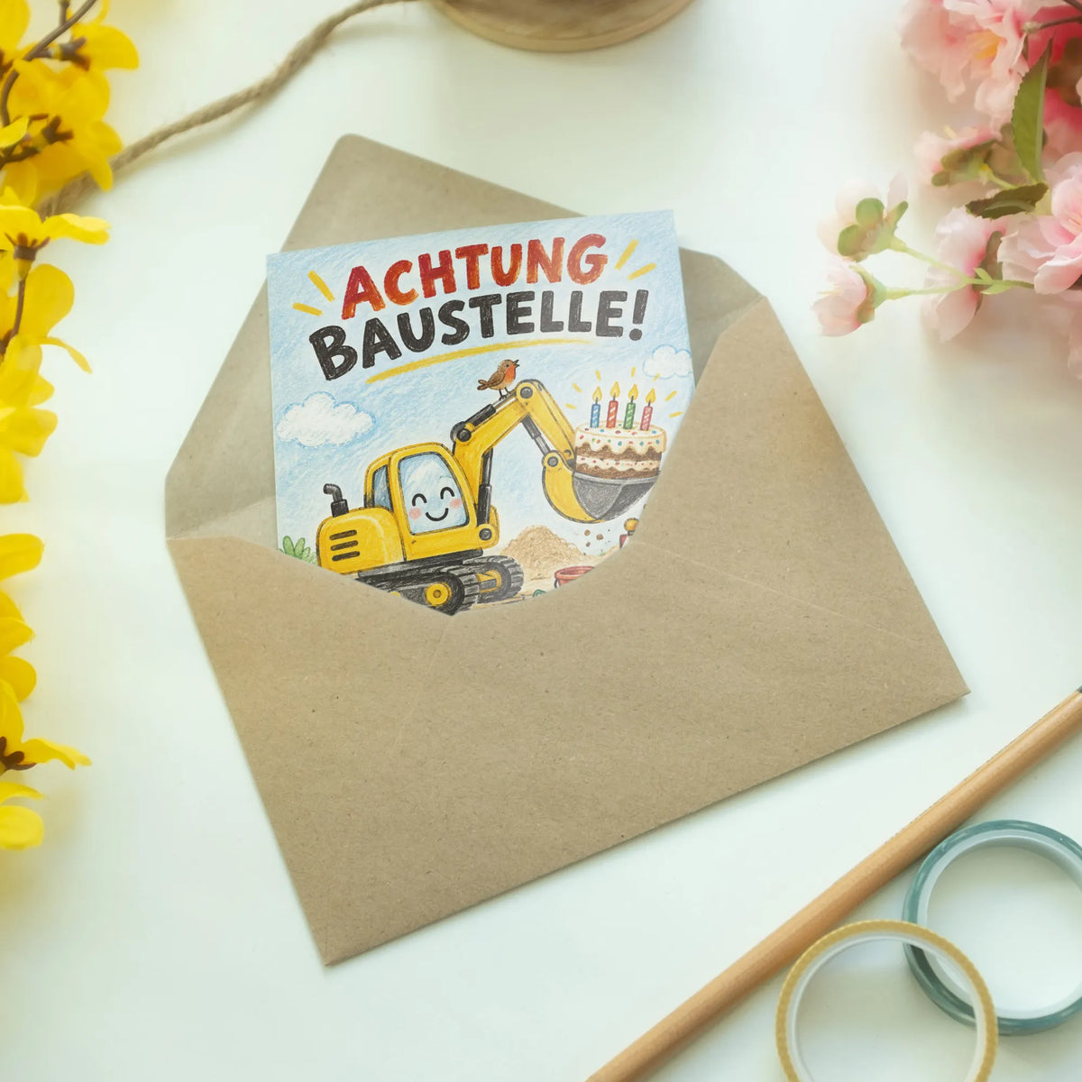 Lustige Einladungskarten mit gelbem Bagger zum Kindergeburtstag|p:2013660|h:ce74bb77a982d259b2caaf1fce751058