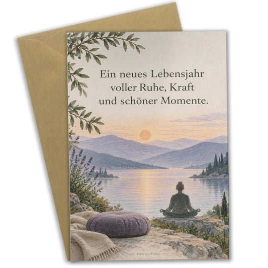 Entspannte Geburtstagskarte für Yoga Fans mit Sonnenaufgang|p:2013678|h:dcdba904e8900571d3c81676675bbddd