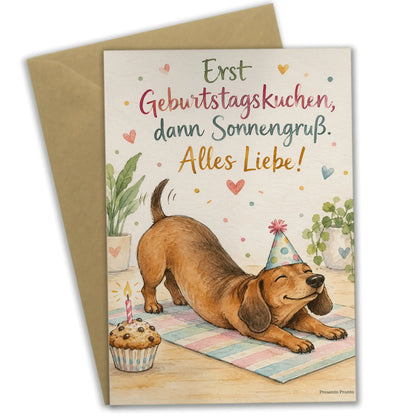 Lustige Geburtstagskarte für Yoga-Fans mit Dackel und Muffin|p:2013680|h:95e9686d591507937dbf4a36710e649a