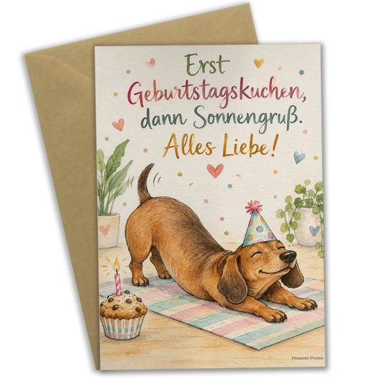 Lustige Geburtstagskarte für Yoga-Fans mit Dackel und Muffin|p:2013680|h:95e9686d591507937dbf4a36710e649a