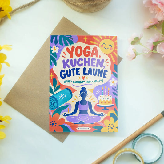 Lustige Geburtstagskarte für Yoga-Fans mit Yogamatte und Torte|p:2013694|h:ef55d863c47971e4fa2588393b12a003