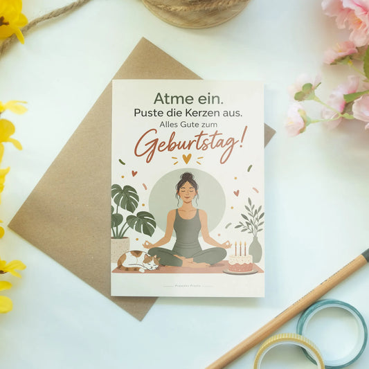 Lustige Geburtstagskarte für Yogafans mit Yogafigur und Kuchen|p:2013701|h:2c55c9d177a565e847648fd1ebf7981b