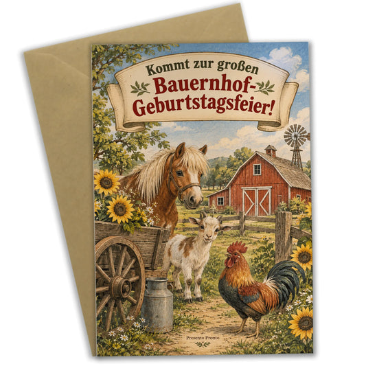 Fröhliche Einladungskarten zum Bauernhofgeburtstag mit Scheune|p:2013720|h:03142025c7d17ab8e434caaffd482fa6