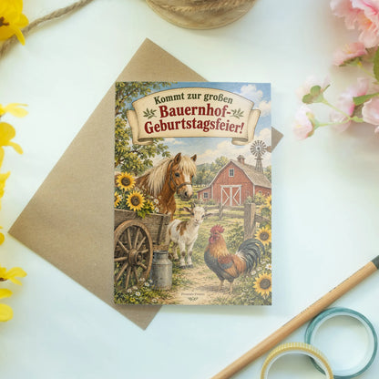 Fröhliche Einladungskarten zum Bauernhofgeburtstag mit Scheune|p:2013720|h:f1ca07663621beb5ba54d24e90062589