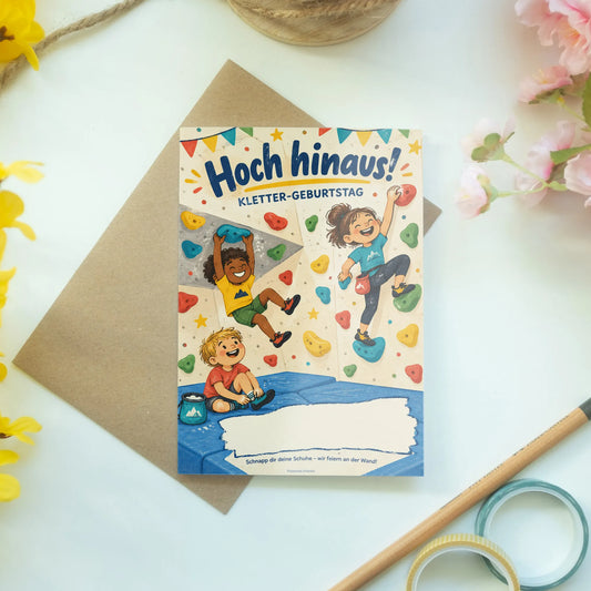 Fröhliche Einladungskarten zum Klettern mit Kletterwand für Kinder|p:2013730|h:0c89499b4395a9bf6b40e08b28e91b94