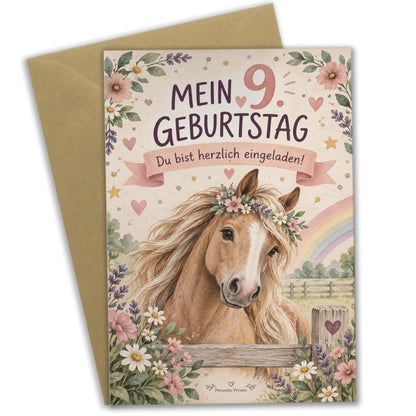 Süße Einladungskarten zum 9. Geburtstag mit Pferd|p:2013745|h:89afd41d50265b5aa0d73aae369a24c3