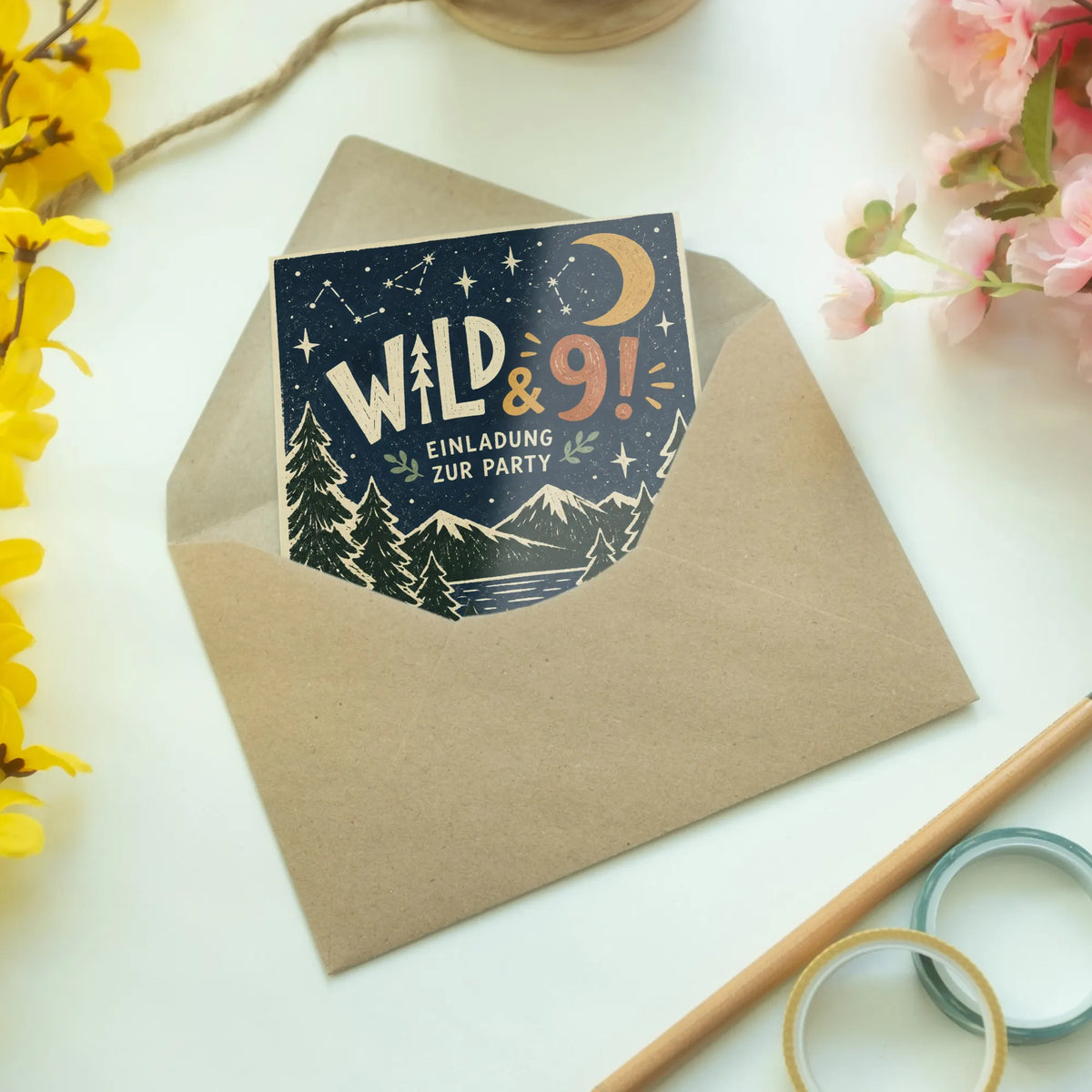 Wilde Einladungskarten zum 9. Geburtstag mit Lagerfeuer|p:2013747|h:318139a88199ad34f467b7e4a829d098