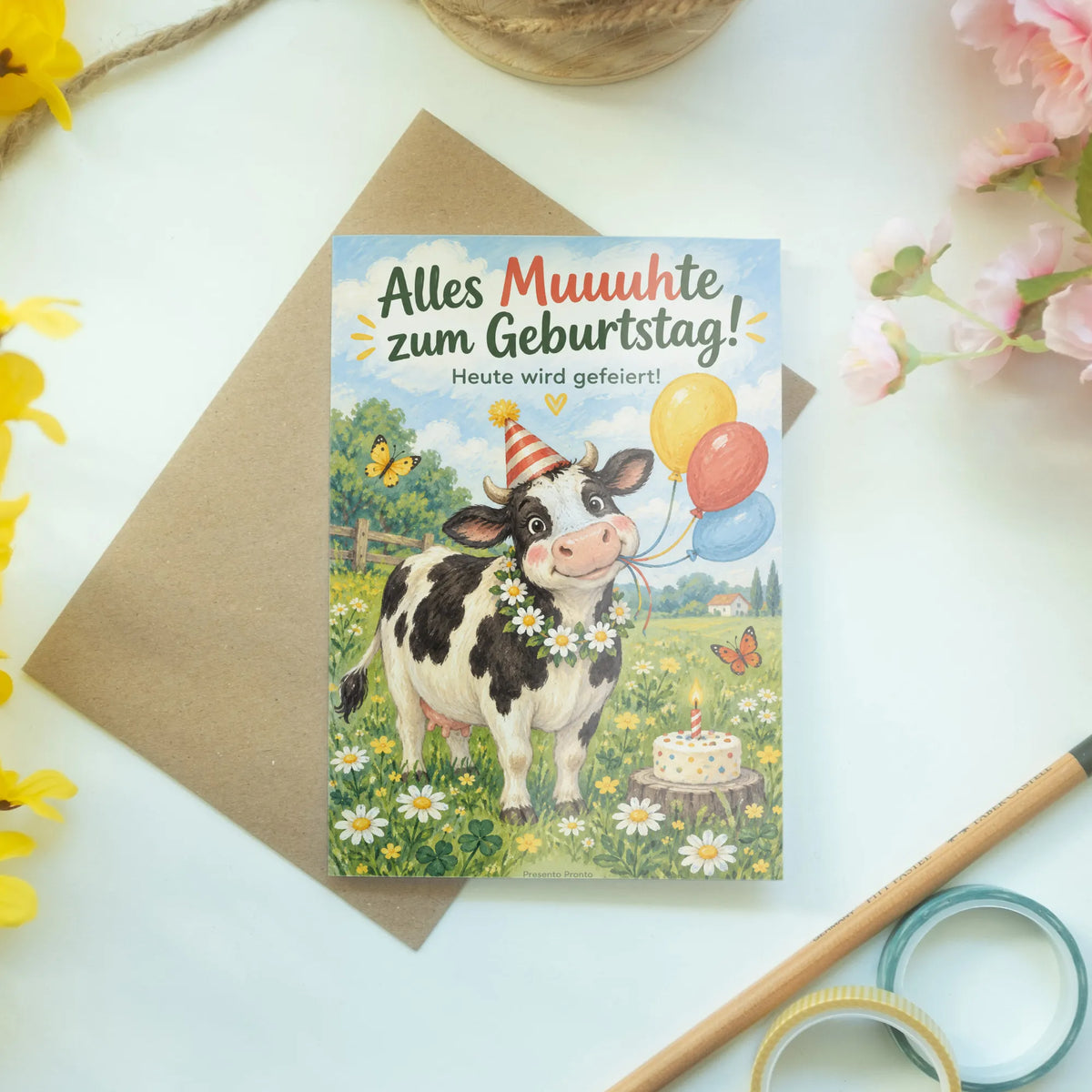 Lustige Geburtstagskarte mit Kuh im Partyhut|p:2013769|h:21575994adbe8fa8e370c28bbe4bd471