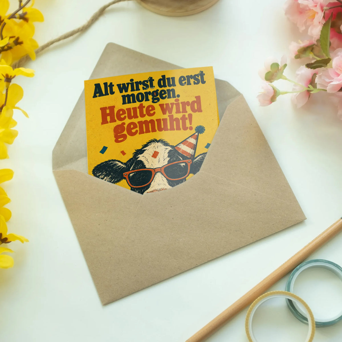 Lustige Geburtstagskarte mit Kuh und Sonnenbrille|p:2013770|h:7fb8bc78661b086438e58bd74edf8a9f