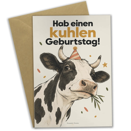 Lustige Geburtstagskarte mit Kuh im Partyhut|p:2013772|h:788166b27fdbc87991b471c413c280a8