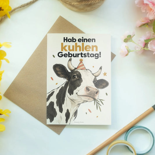 Lustige Geburtstagskarte mit Kuh im Partyhut|p:2013772|h:00a1e857910a48eec59f1a1649e84f37