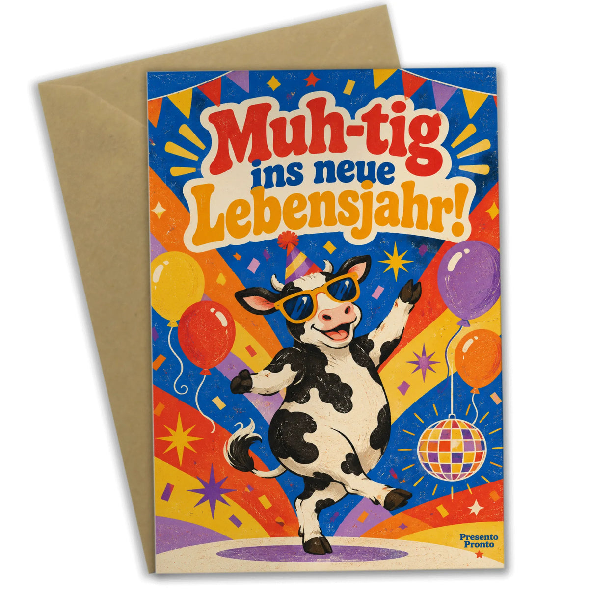 Lustige Geburtstagskarte mit Kuh in Sonnenbrille und Partyhut|p:2013773|h:711bb89b78aa1e7a42107c8287dc5277