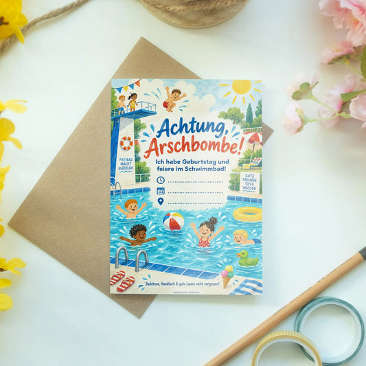 Lustige Einladungskarten zum Schwimmbadgeburtstag mit Kindern|p:2013778|h:87732246b231c5896c8be41dfe25c390