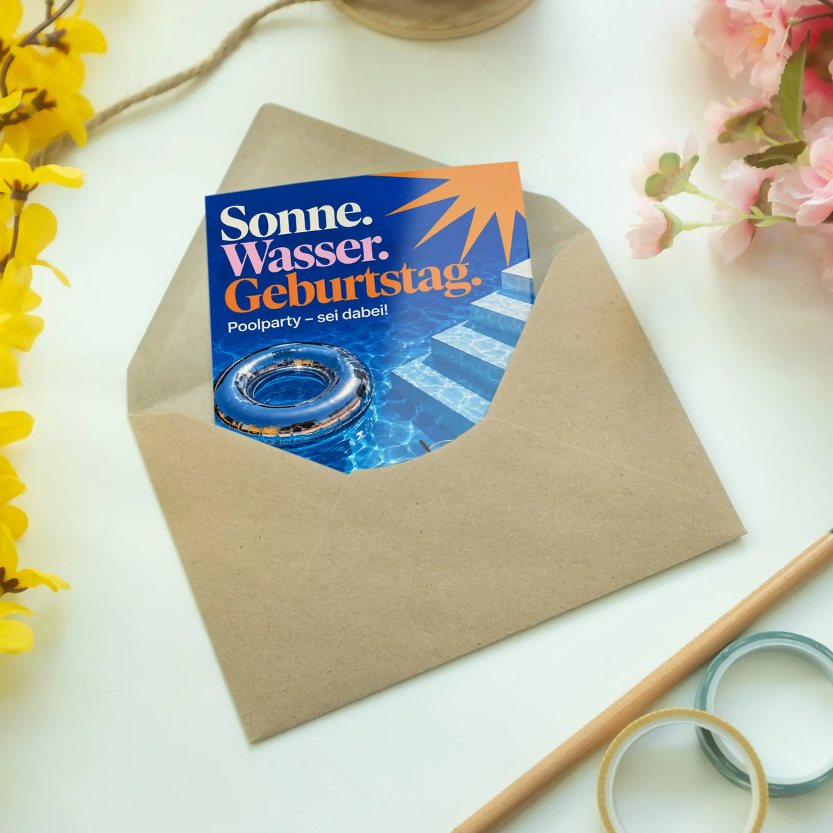 Sommerliche Einladungskarten zum Schwimmbad mit Schwimmring|p:2013781|h:4a30fa06e81152ab8e528f893f40a2a8