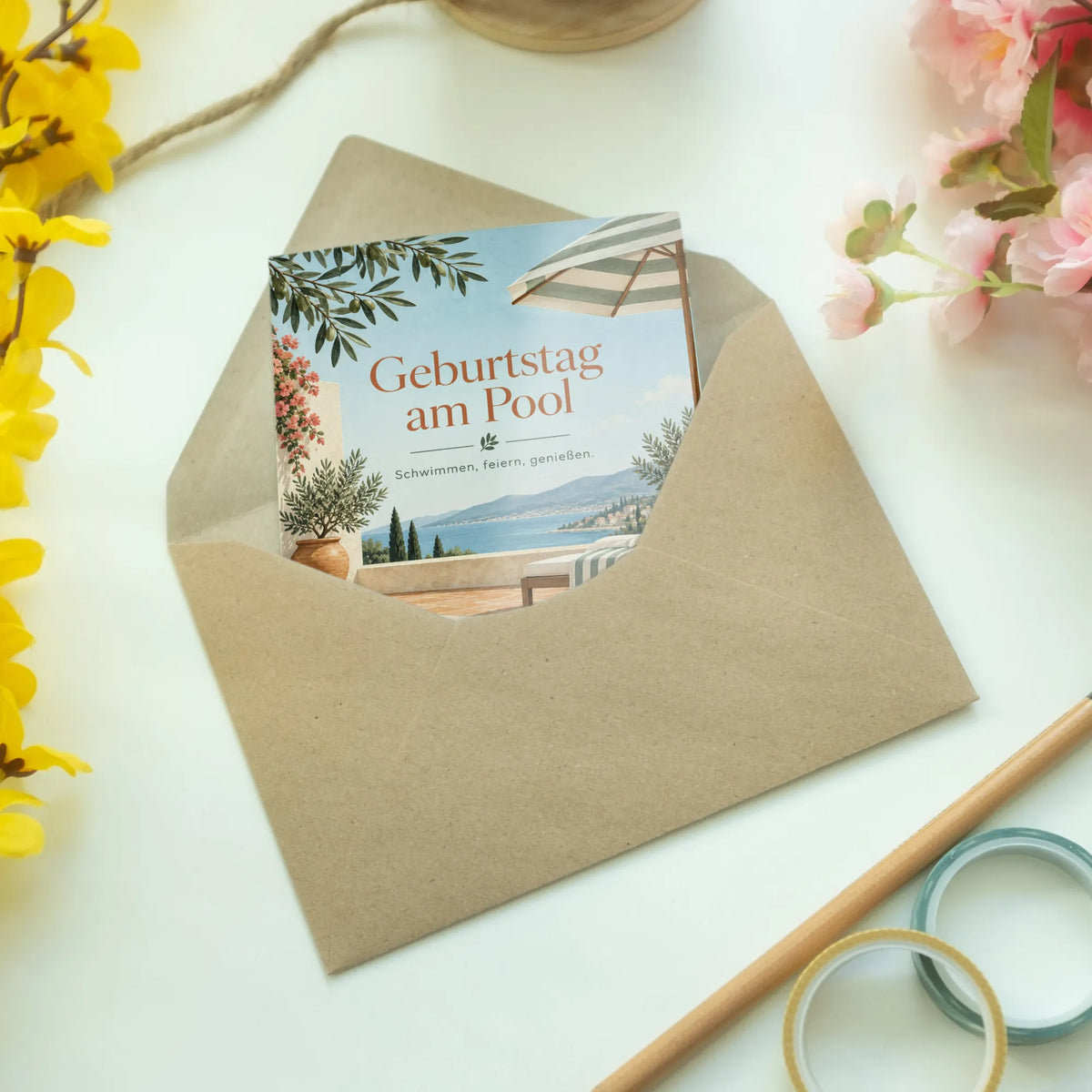 Elegante Einladungskarten zum Geburtstag im Schwimmbad mit Sonnenschirm|p:2013782|h:f35f7c4a193fd40d1fb3e0cd3f3f6534