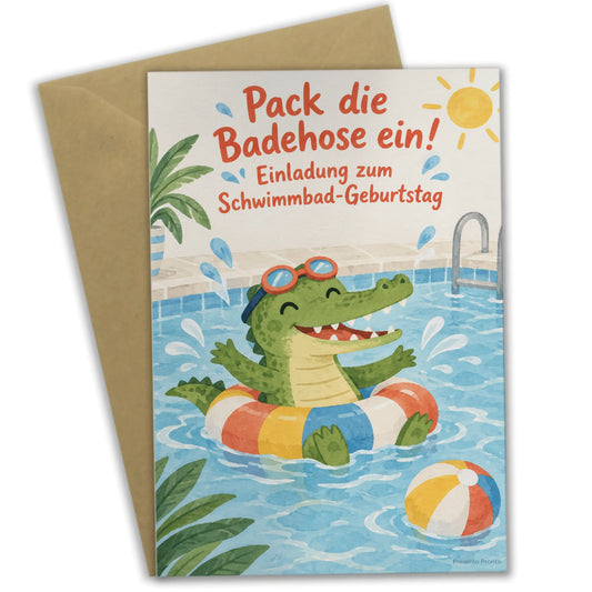Lustige Einladungskarten zum Schwimmbad Geburtstag mit Krokodil|p:2013783|h:b096121719bc539262cad53101c3635e