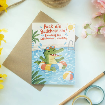 Lustige Einladungskarten zum Schwimmbad Geburtstag mit Krokodil|p:2013783|h:b25dcf96f49efe60b74b11507239fbd3