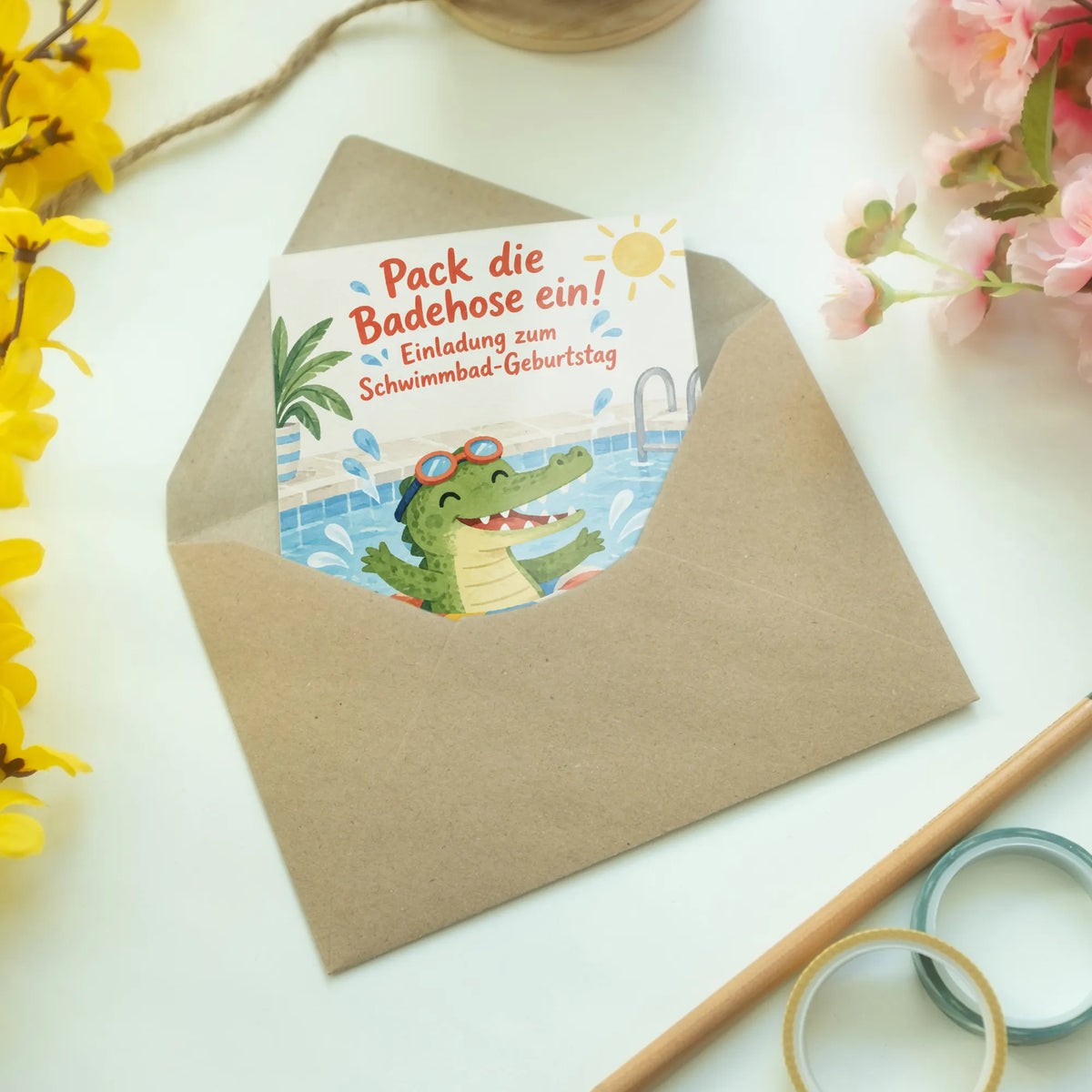 Lustige Einladungskarten zum Schwimmbad Geburtstag mit Krokodil|p:2013783|h:a28bf912c1a9299f65004aad2057cc8c