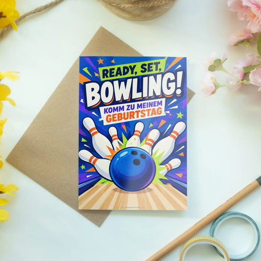 Coole Einladungskarte zum Kindergeburtstag beim Bowling mit Kugel und Pins|p:2013786|h:508be6171b1bb88ccaa8ec754507f84a