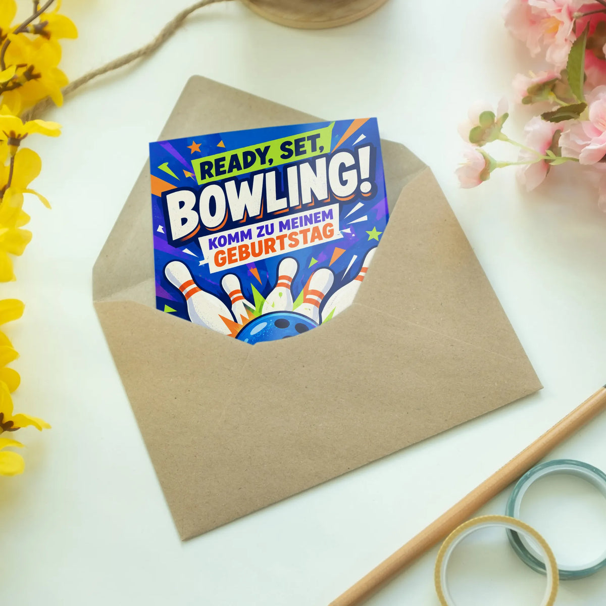 Coole Einladungskarte zum Kindergeburtstag beim Bowling mit Kugel und Pins|p:2013786|h:bec20b42334b64551d92ee0cf309d350